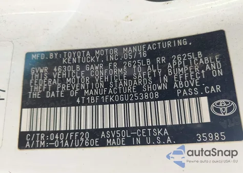 2016 Toyota Camry Se из США, поврежденный, VIN 4T1BF1FK0GU253808